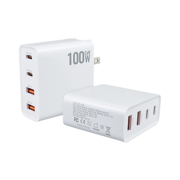 4-Port GaN 100W Wall Charger with 2 USB-C Ports and 2 USB-A Ports with PD and QC 3.0